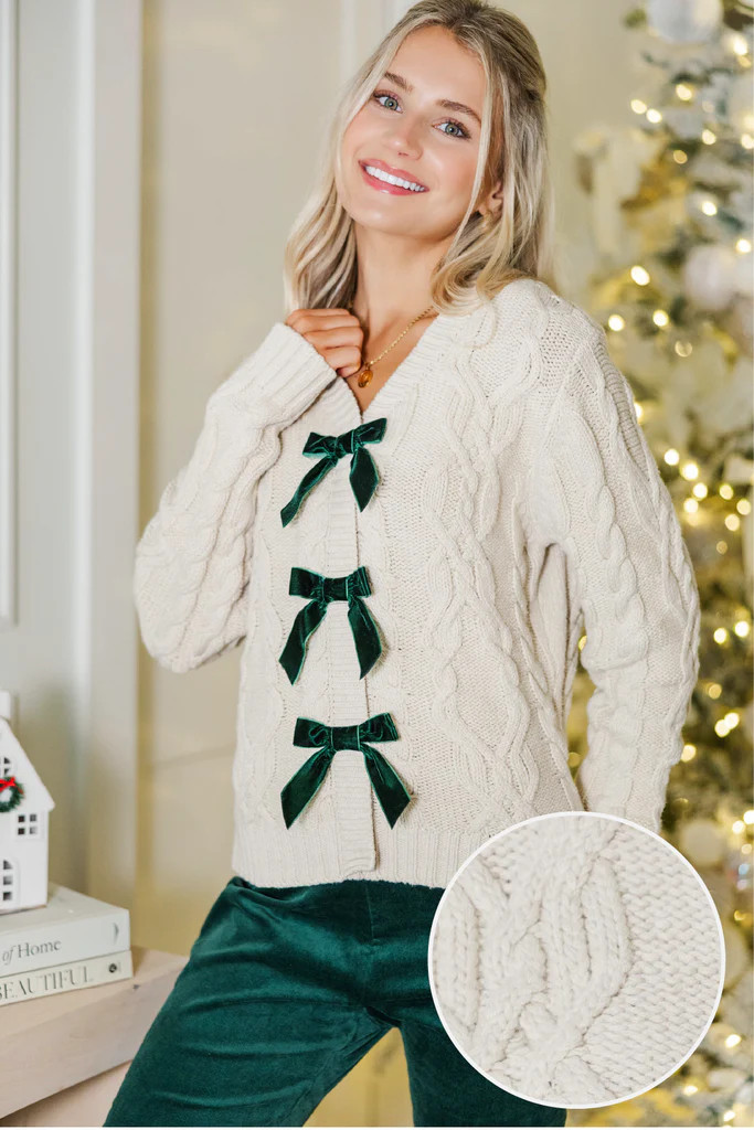 Hold Onto You Cream and Emerald Bow Cardigan | The Mint Julep Boutique