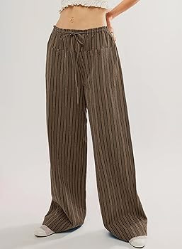 Acelitt Women Casual Drawstring Elastic Waist Loose Wide Leg Striped Pants with Pockets, S-XXL | Amazon (US)