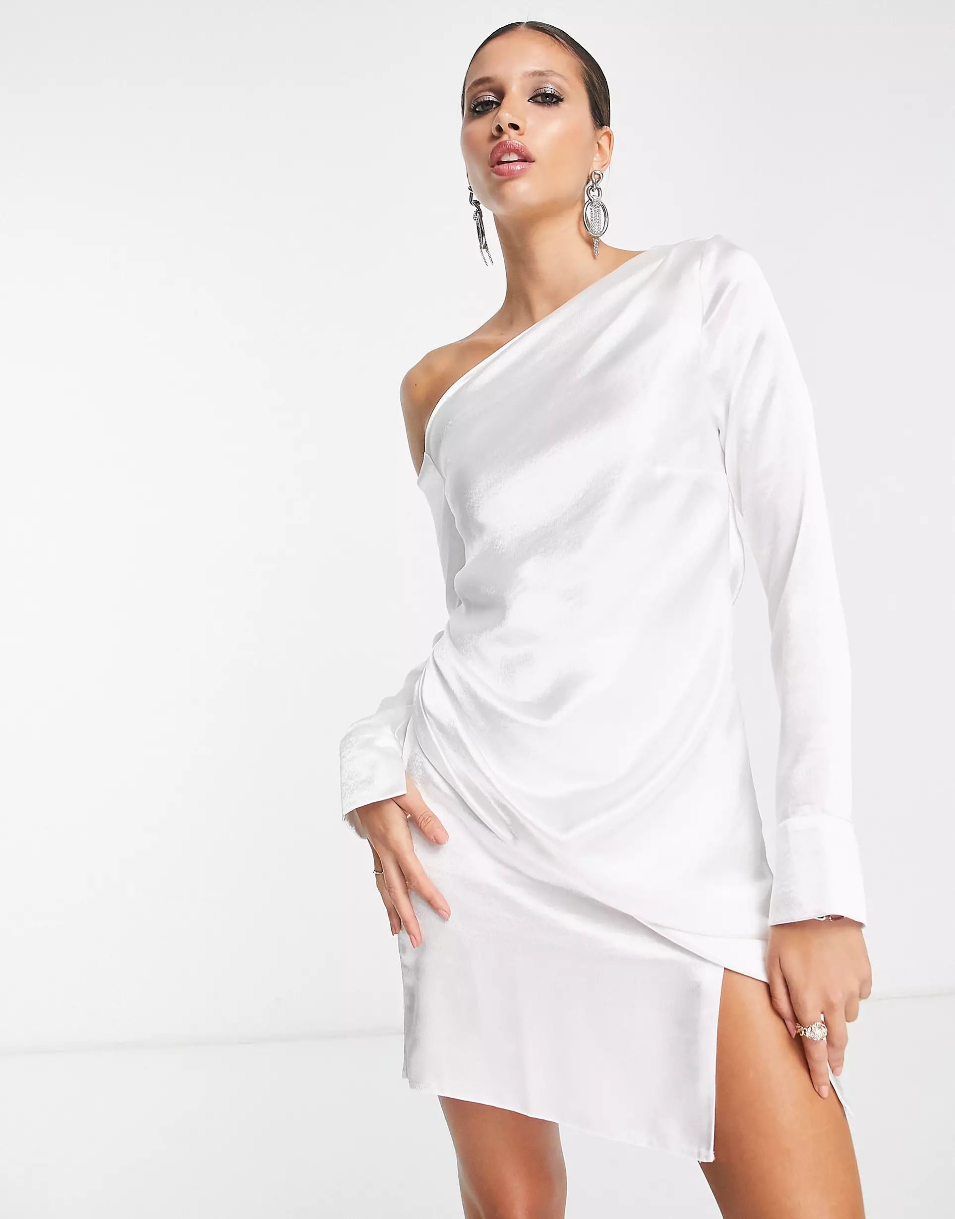 ASOS DESIGN off shoulder satin long sleeve drape mini dress in ivory high shine | ASOS (Global)