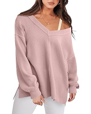 Caracilia Women Long Sleeve Shirt Off Shoulder Sweater Oversized Sweatshirt V Neck Knit Pullover ... | Amazon (US)