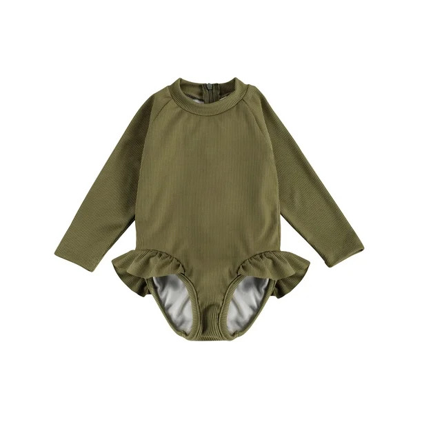 Bmnmsl Girl Swimwear Long Sleeve Round Neck Ribbed One Piece | Walmart (US)