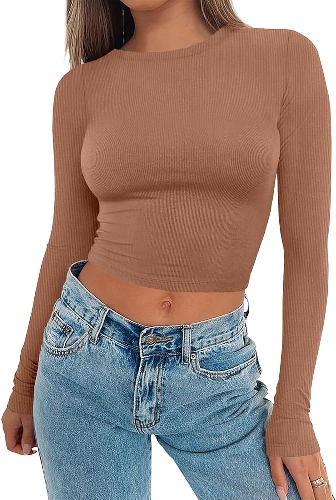 Tankaneo Women Crop Tops Long Sleeve Ribbed Slim Fit Workout Cropped Tee Y2K Short T-Shirts | Amazon (US)