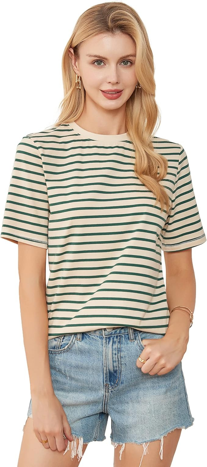 VEIISAR Womens Crew Neck T Shirt Colorful Stripes Tee Tops | Amazon (US)