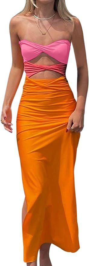 Meladyan Women Sexy Cutout Patchwork Bodycon Midi Dress Strapless Slit Backless Sleeveless Night ... | Amazon (US)