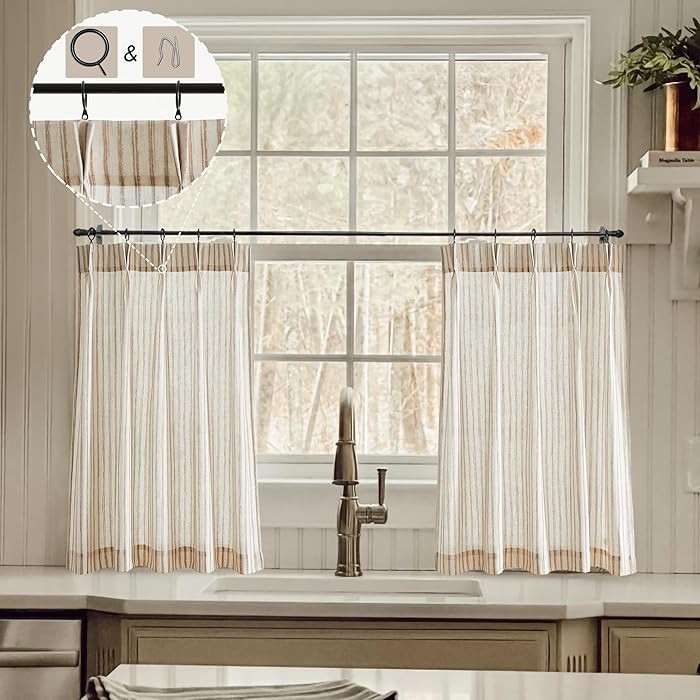 Beige Linen Kitchen Curtains 32 inch Length Pinch Pleat Cafe Curtains | Amazon (US)