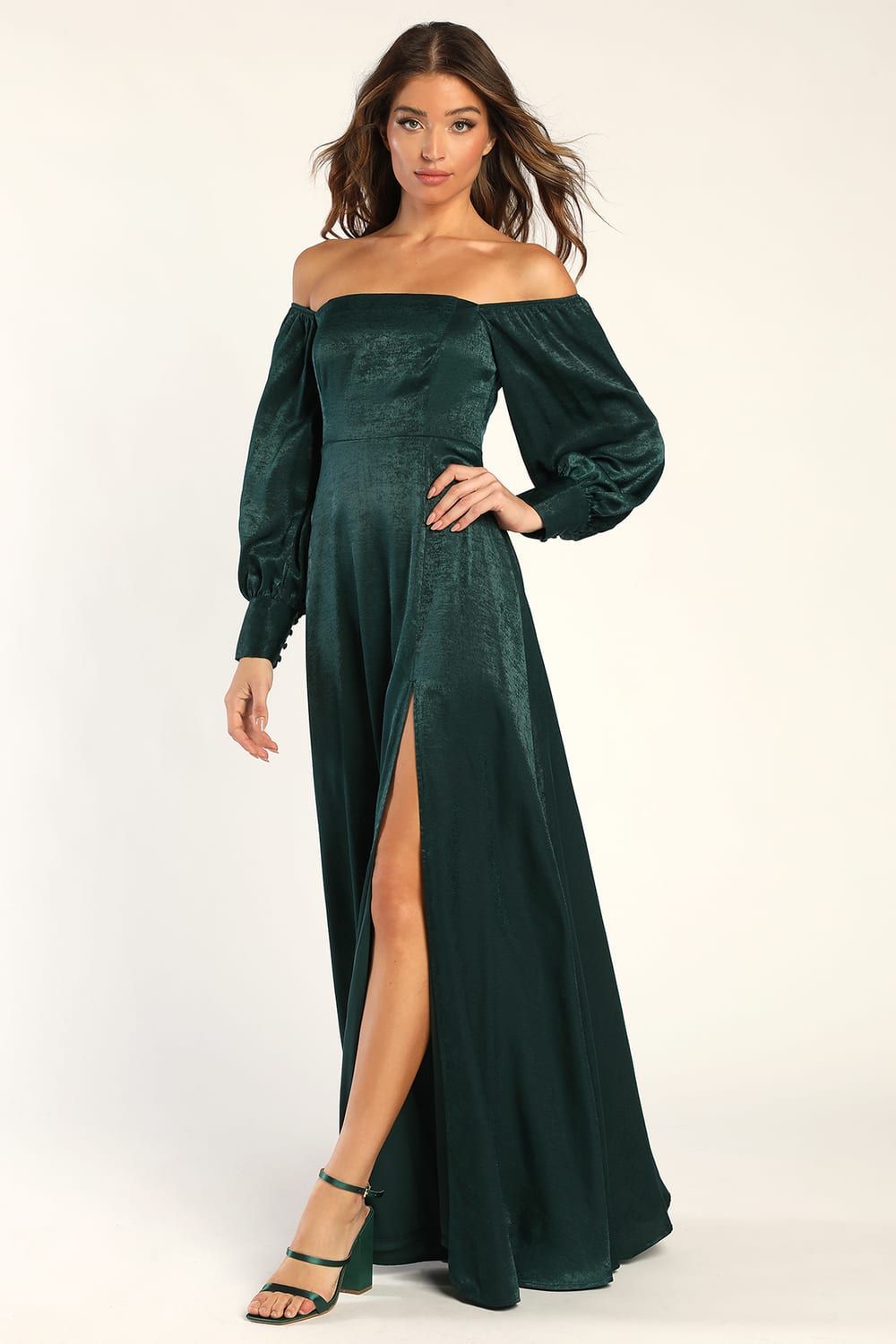 Always Cherished Emerald Satin Off-the-Shoulder Maxi Dress | Lulus (US)