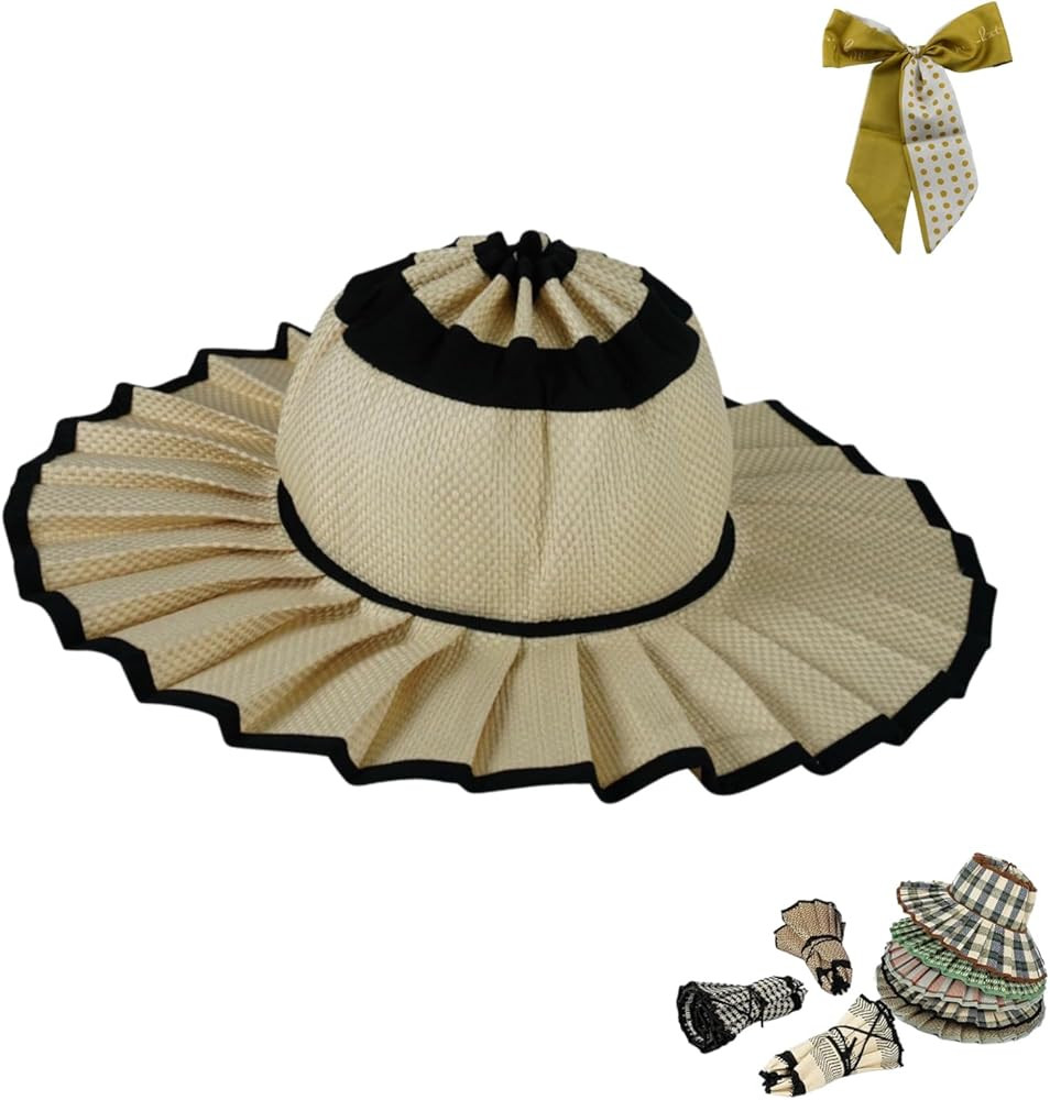 Women's Straw Reversible Pleated Sun Hat,Foldable Wide Brim Beach Hats for Summer,Outdoor Casual ... | Amazon (US)