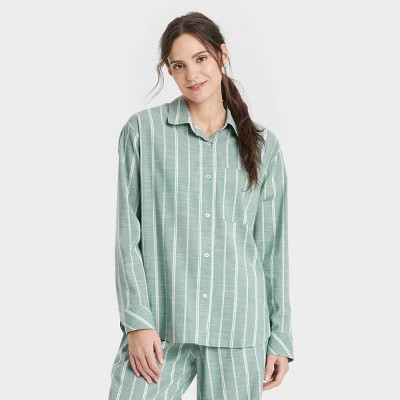 Women's Striped Cotton Blend Long Sleeve Pajama Shirt - Auden™ Green L: Lightweight Poplin, But... | Target