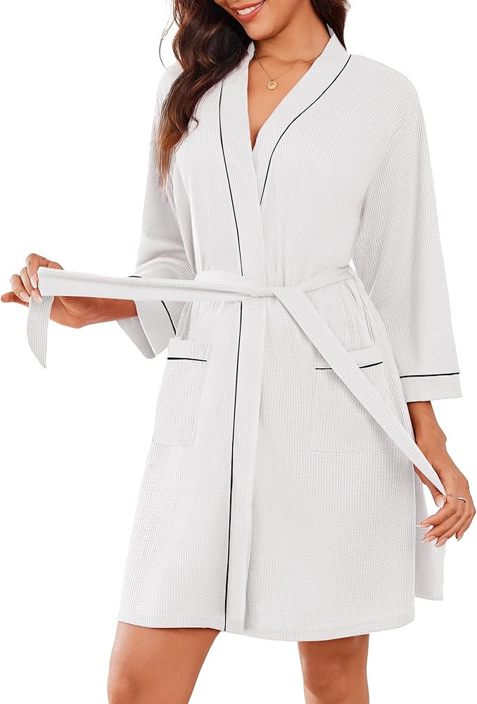 Ekouaer Women Robes Waffle Knee Length Bathrobe Lightweight Soft Sleepwear V neck 3/4 Sleeve Casu... | Amazon (US)