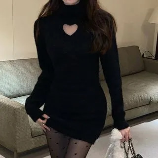 Long-Sleeve Heart-Cutout Knit Mini Bodycon Dress Black - One Size | YesStyle Global