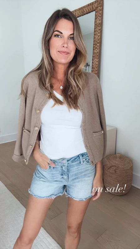 Wearing size small in this lady jacket. A chic layer to add to your closet. I have xs in the white tee and sized up one in the denim shorts. Sandals true to size.  Linen pants true to size (I’m 5’11” wearing 2 long)  

#LTKOver40 #LTKSaleAlert #LTKWorkwear