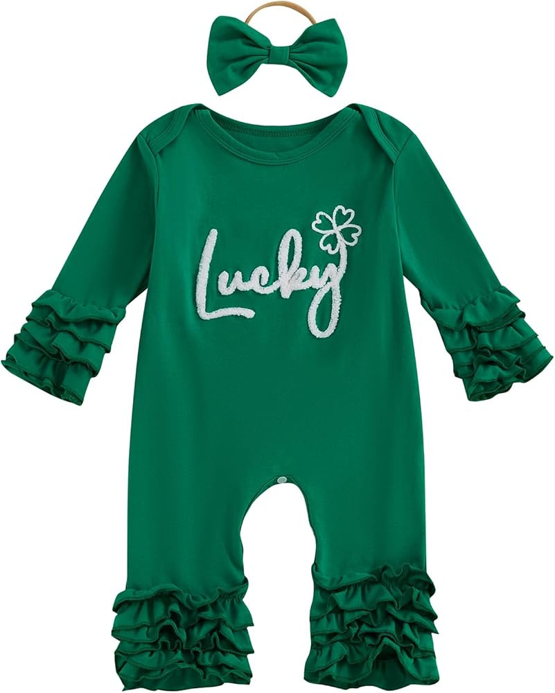 Baby Girl St Patricks Day Outfit Clover Lucky Charm Long Sleeve Ruffle Romper Cute Clothes Newbor... | Amazon (US)