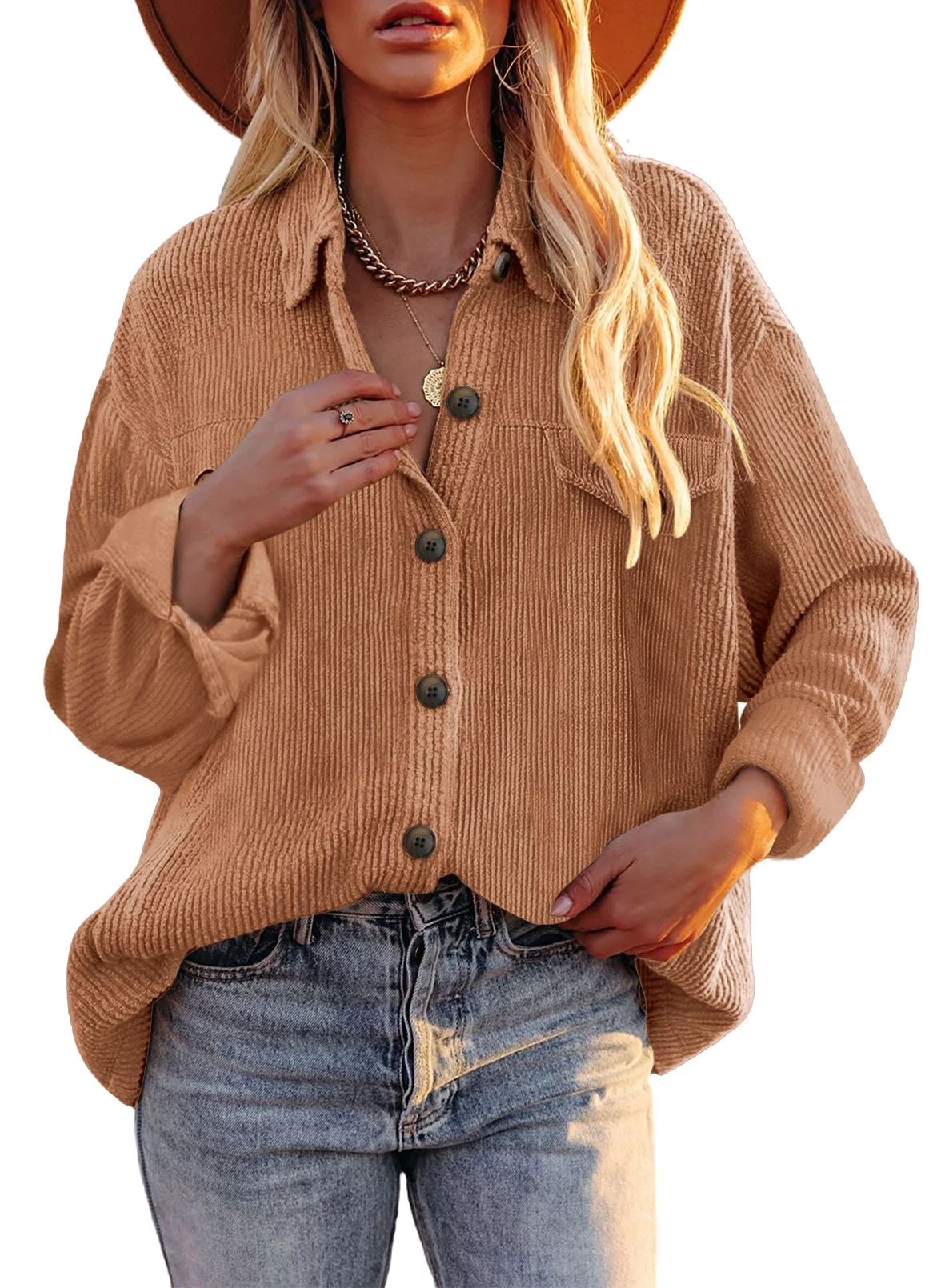 Rosfancy Womens Corduroy Shirts Jacket Long Sleeve Button Down Oversized Shacket Coat Tops(NO Poc... | Walmart (US)