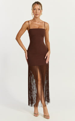 Evie Maxi Dress - Crepe Fringed Shift Dress in Chocolate | Showpo (US, UK & Europe)