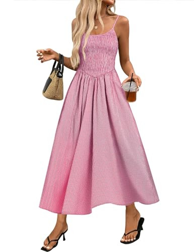 Relipop Women's Summer Midi Dresses 2026 Casual Plaid Sleeveless Spaghetti Strap Smocked Tiered B... | Amazon (US)