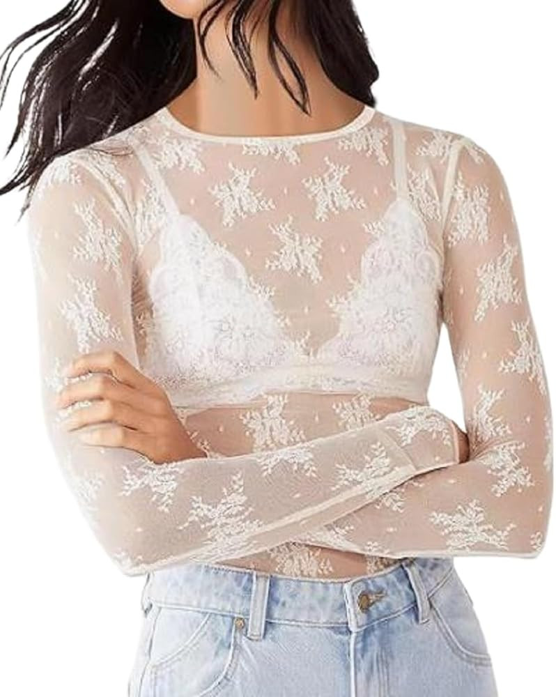 Sheer Mesh Long Sleeve Layering Tops for Women Crew Neck Floral Lace Blouse Sexy See Through Goin... | Amazon (US)