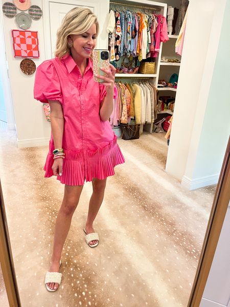 Pink dress runs TTS. Puff sleeves, beautiful detail on bottom of dress. LINDSEY15 sitewide. Pearl slides 🩷🤍

#LTKOver40 #LTKParties