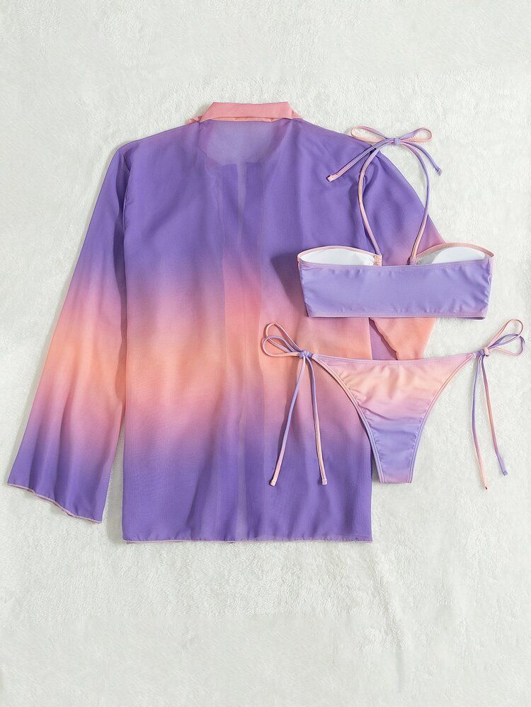 3pack Ombre Halter Tie Side Bikini Swimsuit & Button Front Kimono | SHEIN