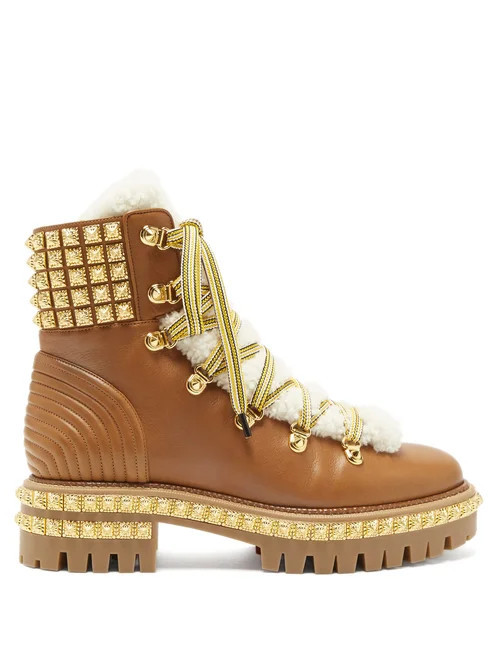 Christian Louboutin - Yeti Donna Faux-fur Trim Studded Leather Boots - Womens - Tan | Matches (US)