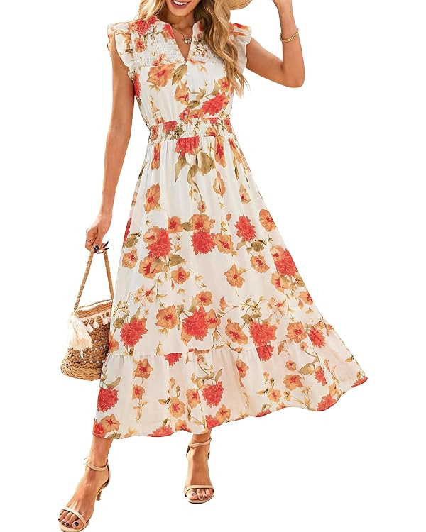 Simplee Womens Summer Floral Mixi Dress V Neck Ruffle Short Sleeve Flowy Dress Boho Casual Beach ... | Amazon (US)