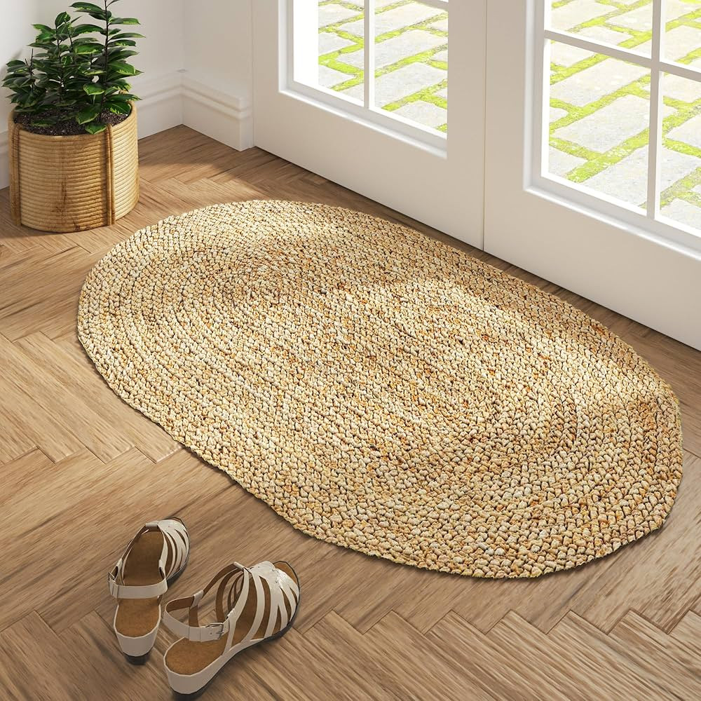 LR Home Natural Jute 2x3 Oval Area Rug for Home Decor | Braided Rugs for Living Room, Bedroom, Pl... | Amazon (US)