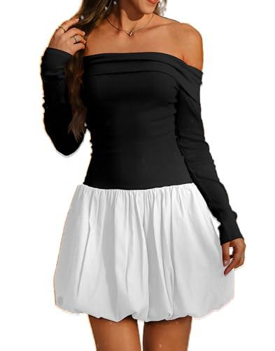 HYPERFIRE Women's Elegant Off The Shoulder Long Sleeve Bubble Hem Dress Going Out Birthday Dresses Black and White Small | Amazon (US)