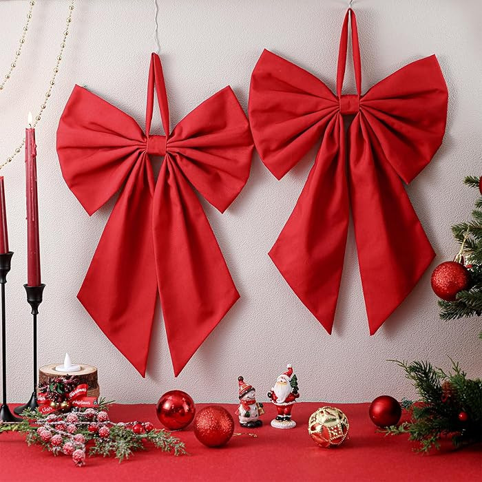 2 Pcs Red Christmas Wreath Bow 19.6'' x 11.8'' Large Burlap Wreath Sash Christmas Tree Topper Orn... | Amazon (US)