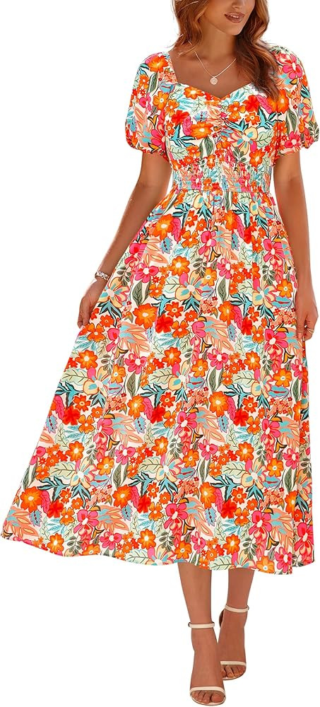 Okiwam Womens Summer Dresses 2025 Spring Boho Floral Square Neck Puff Sleeve Flowy Maxi Wedding G... | Amazon (US)
