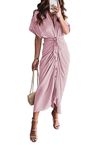 Button Down Shirt Dress Ruched Button Up Satin Work Long Dresses Light Purple L | Amazon (US)