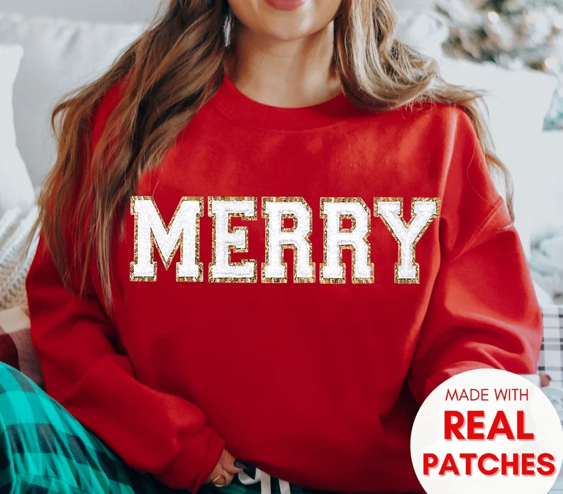 Chenille Patch Christmas Sweatshirt Christmas Shirts Merry - Etsy | Etsy (US)
