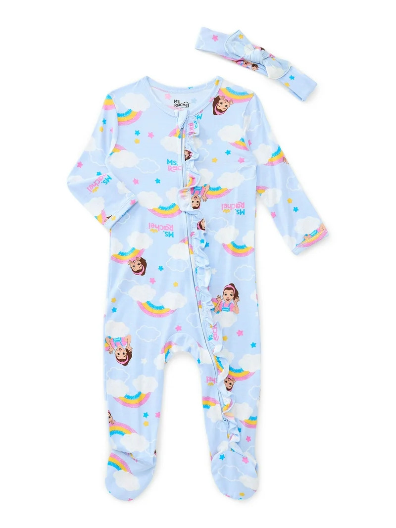 Ms. Rachel Baby Viscose Sleep Footed One-Piece with Bow Headband Set, 2-Piece, Sizes 0M–6/9M | Walmart (US)