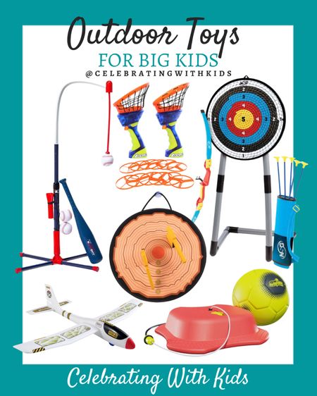 Outdoor toys for older kids include archery set, batting tee set, soccer swing ball toy, foam axe toss toy, airplane, disc launcher.

Outdoor toys, spring toys, summer toys, kids toys, outside toys, kids activities

#LTKunder100 #LTKkids #LTKfamily