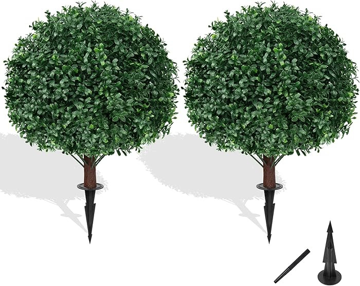 Artificial Boxwood Topiary Ball Tree with Ground Spike, Set of 2 Artificial Shrub Bushes, Fake Ev... | Amazon (US)