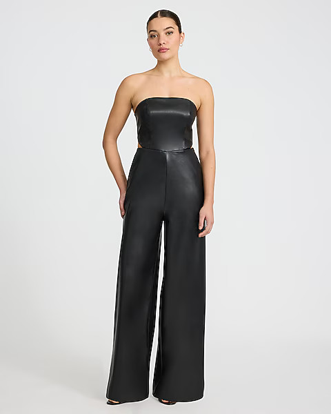 Faux Leather Strapless Cutout Wide Leg Jumpsuit with Pockets | Express