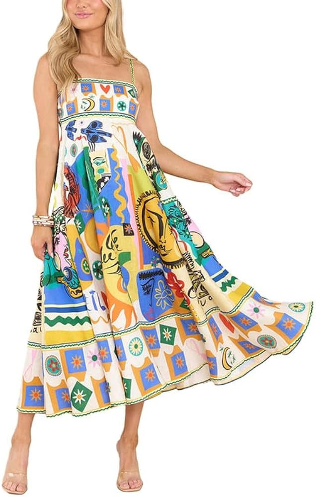 NUFIWI Women Boho Graffiti Cami Long Dress Graphic Spaghetti Strap Flowy Maxi Dress Square Neck C... | Amazon (US)