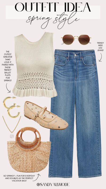 Neutral spring style | chic spring outfit | Amazon finds | Amazon fashion | Amazon sweater tank | wide leg jeans | trendy jeans for spring | Target finds | designer inspired spring shoes | mesh ballet flats | trendy ballet flats | dainty gold accessories | elevated casual spring outfit idea 

#LTKSeasonal #LTKstyletip #LTKfindsunder100