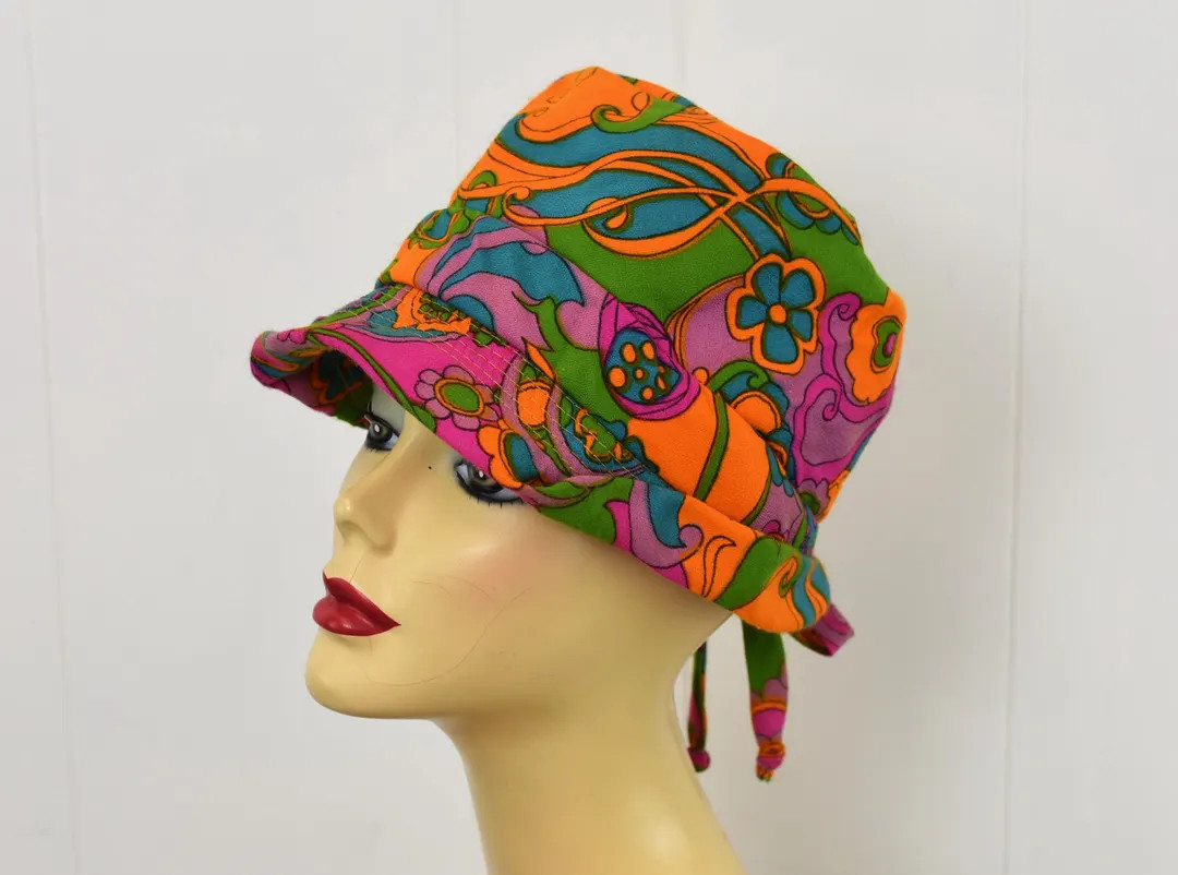 1960s Psychedelic Orange Blue Flower Power Floral Bow Brimmed Hat | Etsy (US)