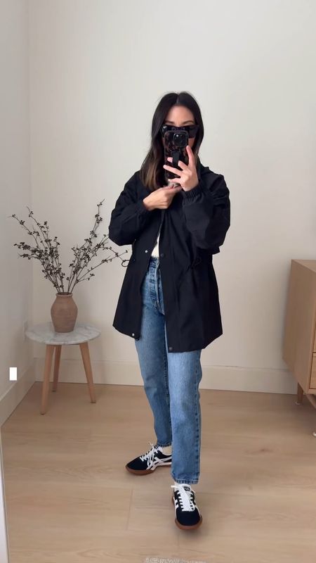 Zella rain jacket. Very thin, but I do like the shape. This black is textured and with print. 

Zell jacket xs
Everlane sweater xs
Levi’s jeans 24
Onitsuka sneaker 4 men’s. 
YSL sunglasses. 

Spring outfits, spring jacket, spring style, jeans, sneakers, petite style 

#LTKshoecrush #LTKSeasonal #LTKitbag