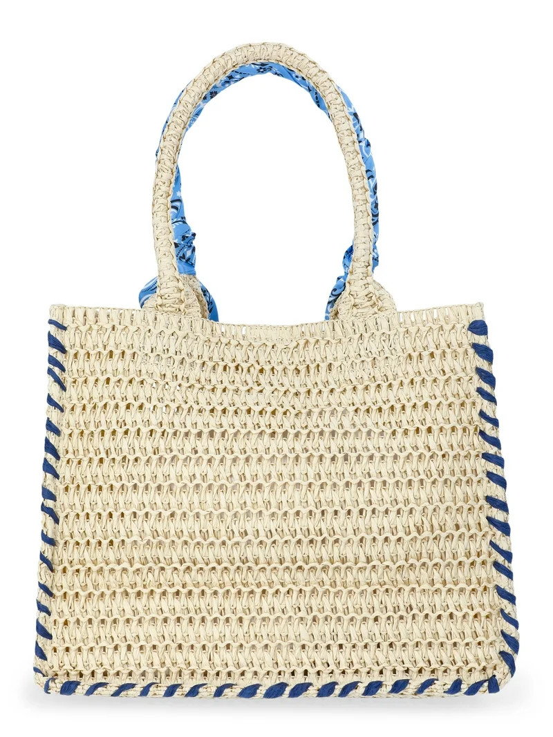 No Boundaries Women's Beach Icons Mini Straw Tote Bag, Light Natural with Fish Embroidery | Walmart (US)