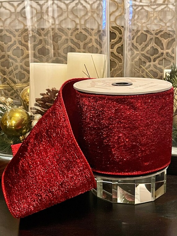 Designer metallic velvet red ribbon. 4”x 10 yards. Wired.* | Etsy (US)