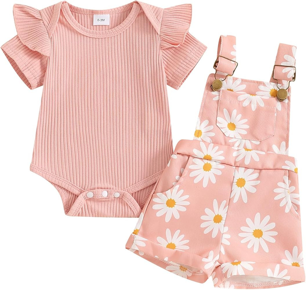 Rtnnsbbfcm Newborn Baby Girl Clothes Summer Outfit Short Sleeve Ribbed Romper Floral Suspender Ov... | Amazon (US)