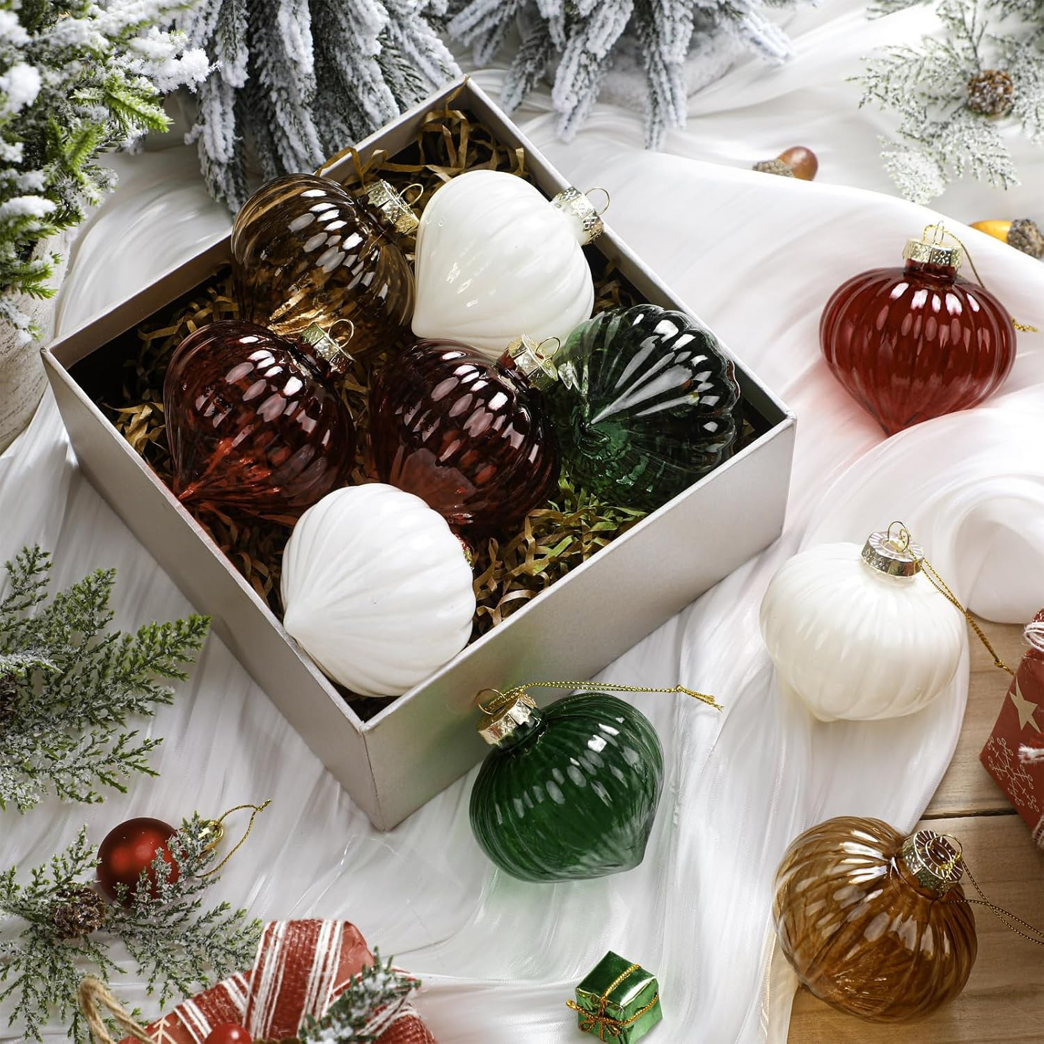 12 Pcs Rustic Farmhouse Christmas Glass Ball Ornaments 3.15" Neutral Ribbed Glass Ball Ornaments ... | Amazon (US)