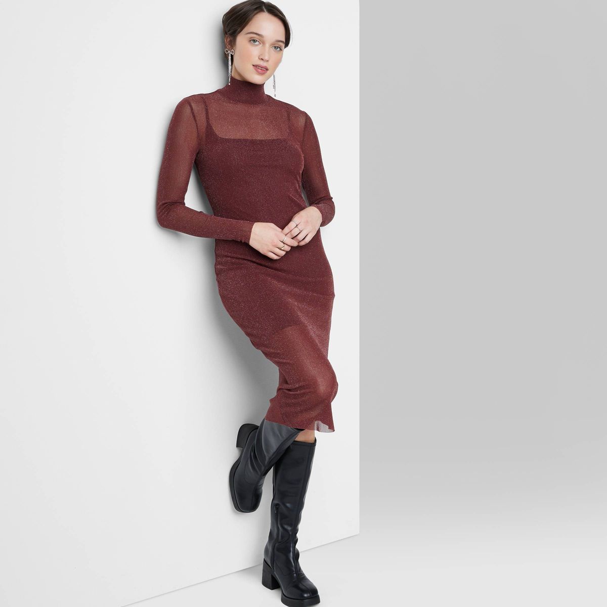 Women's Long Sleeve Lurex Mesh Midi Dress - Wild Fable™ Burgundy | Target