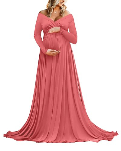 Saslax Pregnancy Dresses for Photography, Maternity Off Shoulders Long Sleeve Half Circle Gown for Baby Shower Photo Props Dress Coral 177 S | Amazon (US)
