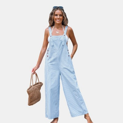 Women's Blue Striped Square Neck Straight Leg Overalls - Cupshe-L-Blue | Target