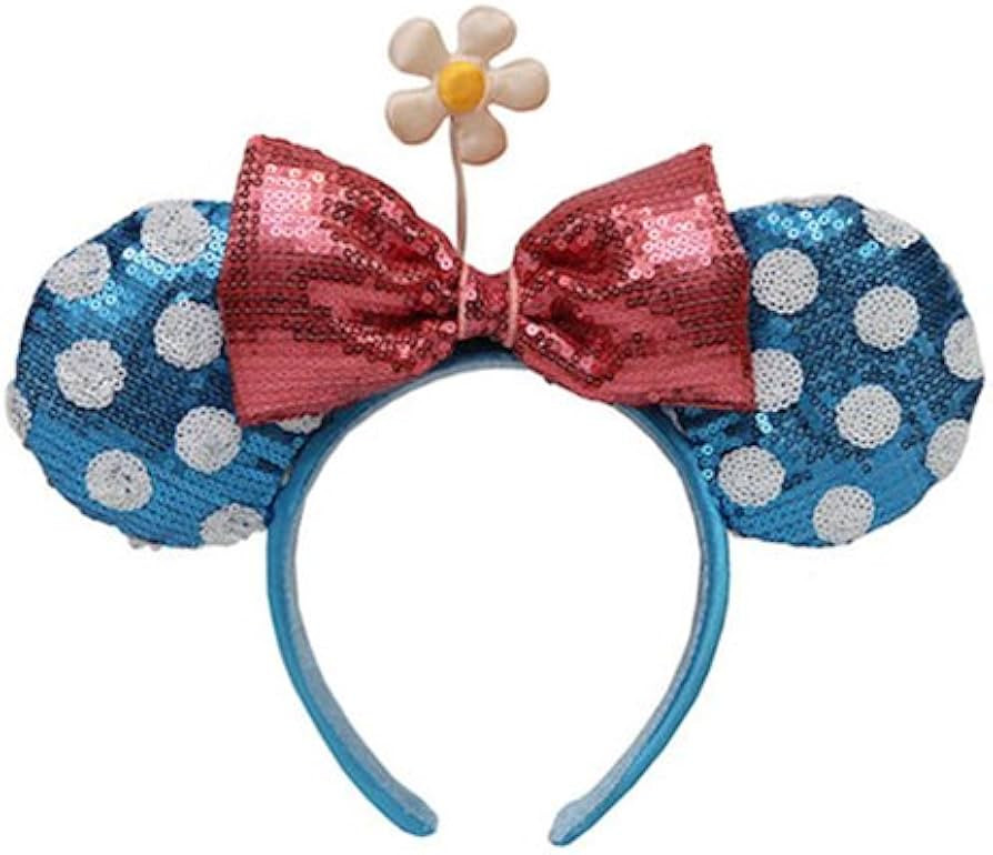 Minnie Mouse Ears Headband Blue Polka Dot with Daisy - Sequined | Amazon (US)