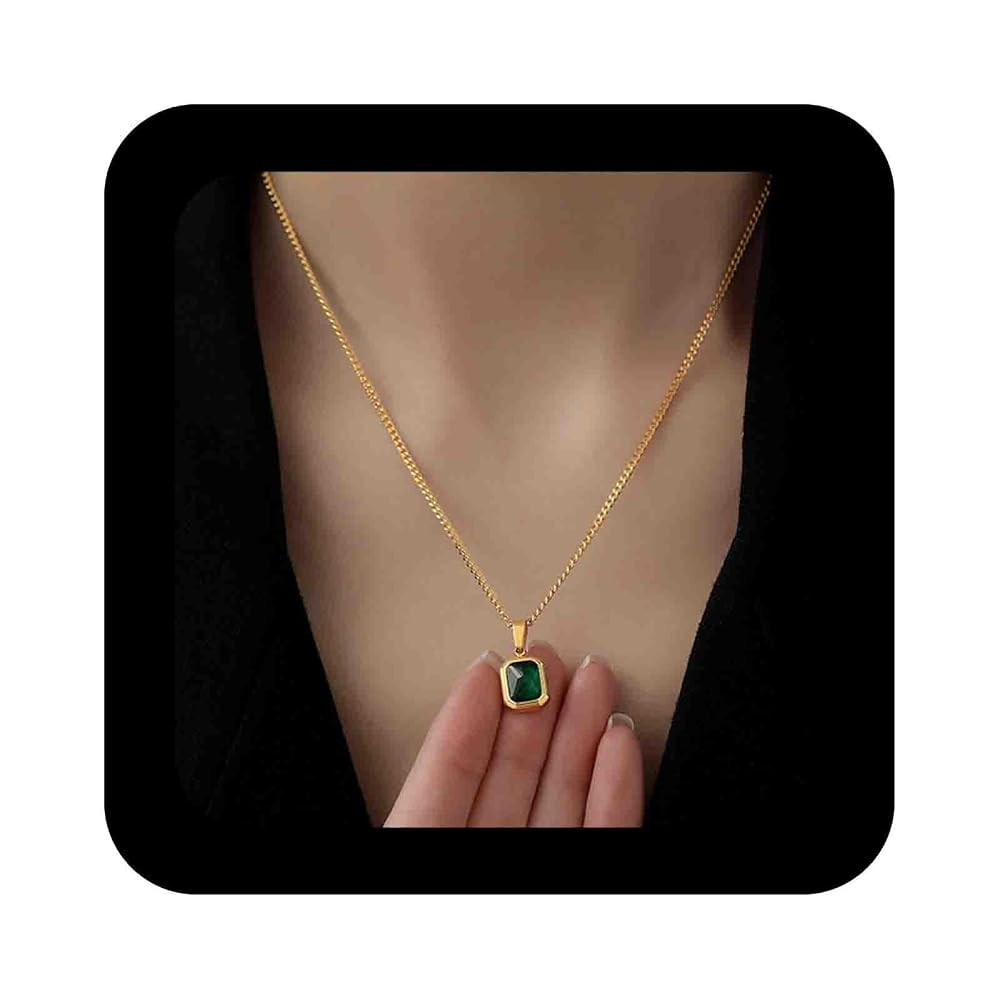 Boho Square Emerald Necklace Gold Emerald Pendant Necklace Green Birthstone Necklace Chain Vintag... | Amazon (US)