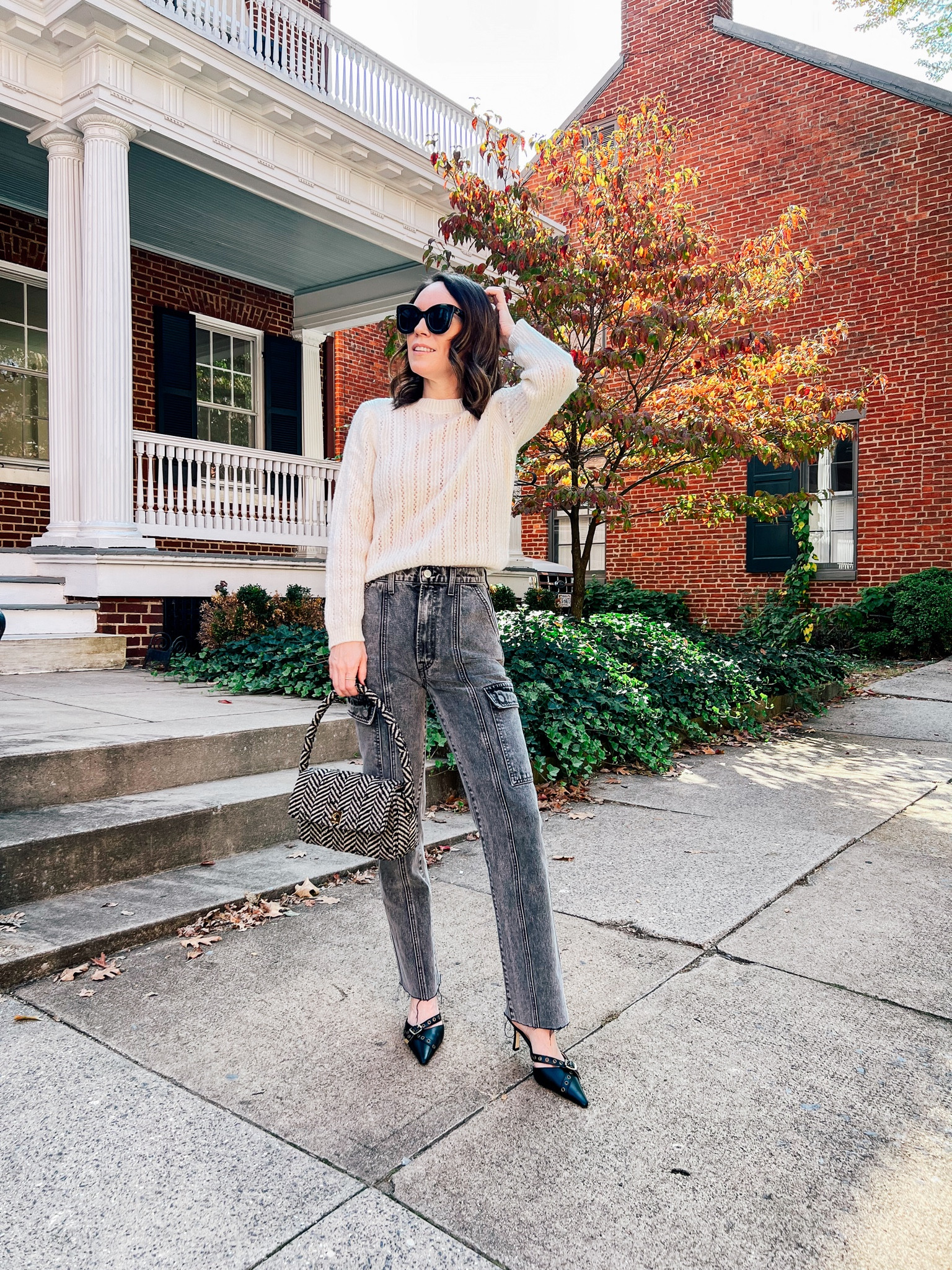 Styling cargo jeans for fall with a pointelle sweater and pointy toe mules 

#LTKover40 #LTKSeasonal #LTKstyletip