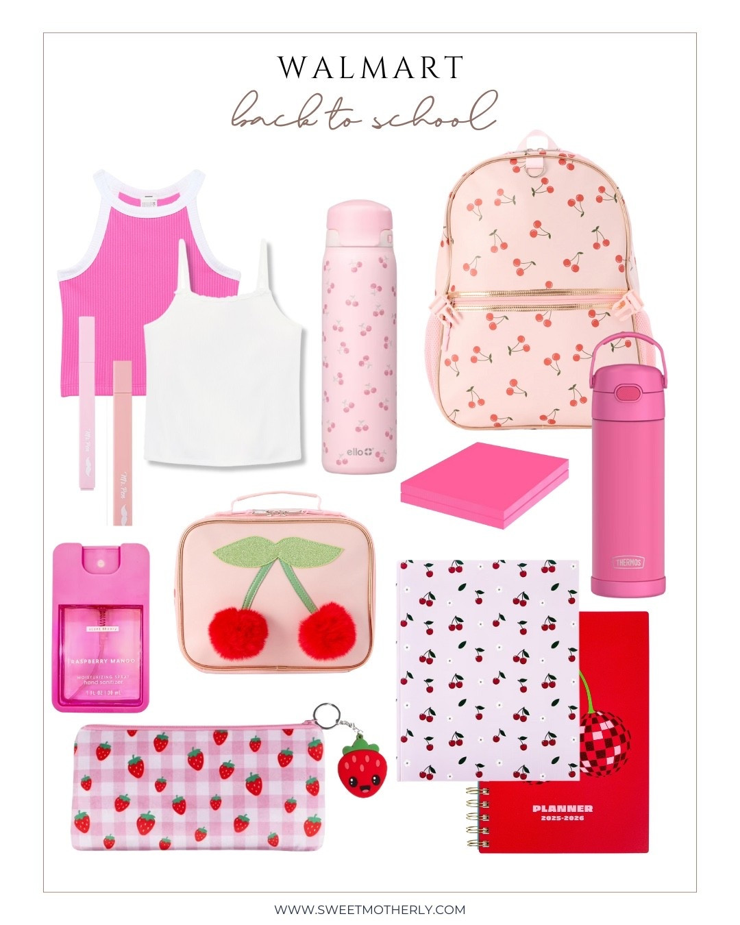 Shop the cutest Walmart back to school finds for girls with this cherry and strawberry pink aesthetic. Includes adorable backpacks, water bottles, lunch bags, planners, and affordable school accessories. Perfect for back to school shopping with a fun and girly twist.

#LTKSeasonal #LTKKids #LTKStyleTip