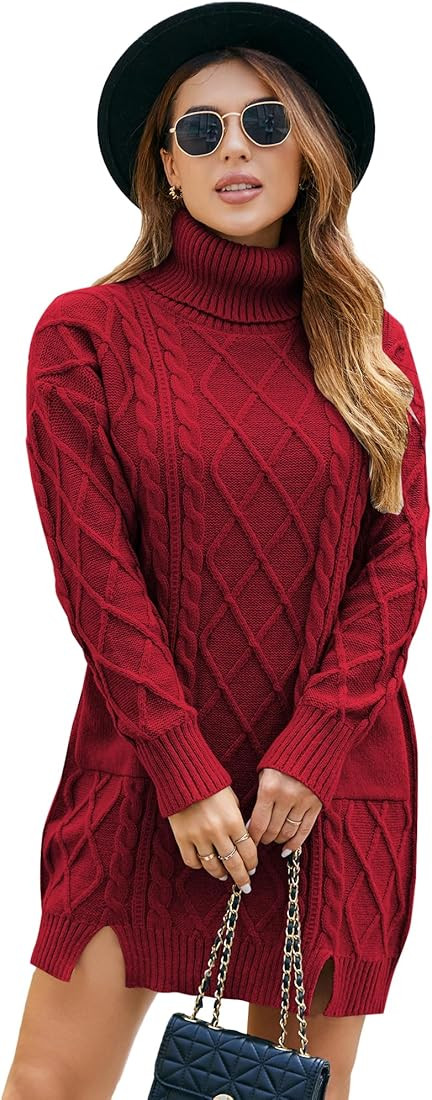 ZAFUL Women Turtleneck Sweater Dress Hollow Pullover Cable Knit Casual Long Sleeve Mini Dress | Amazon (US)